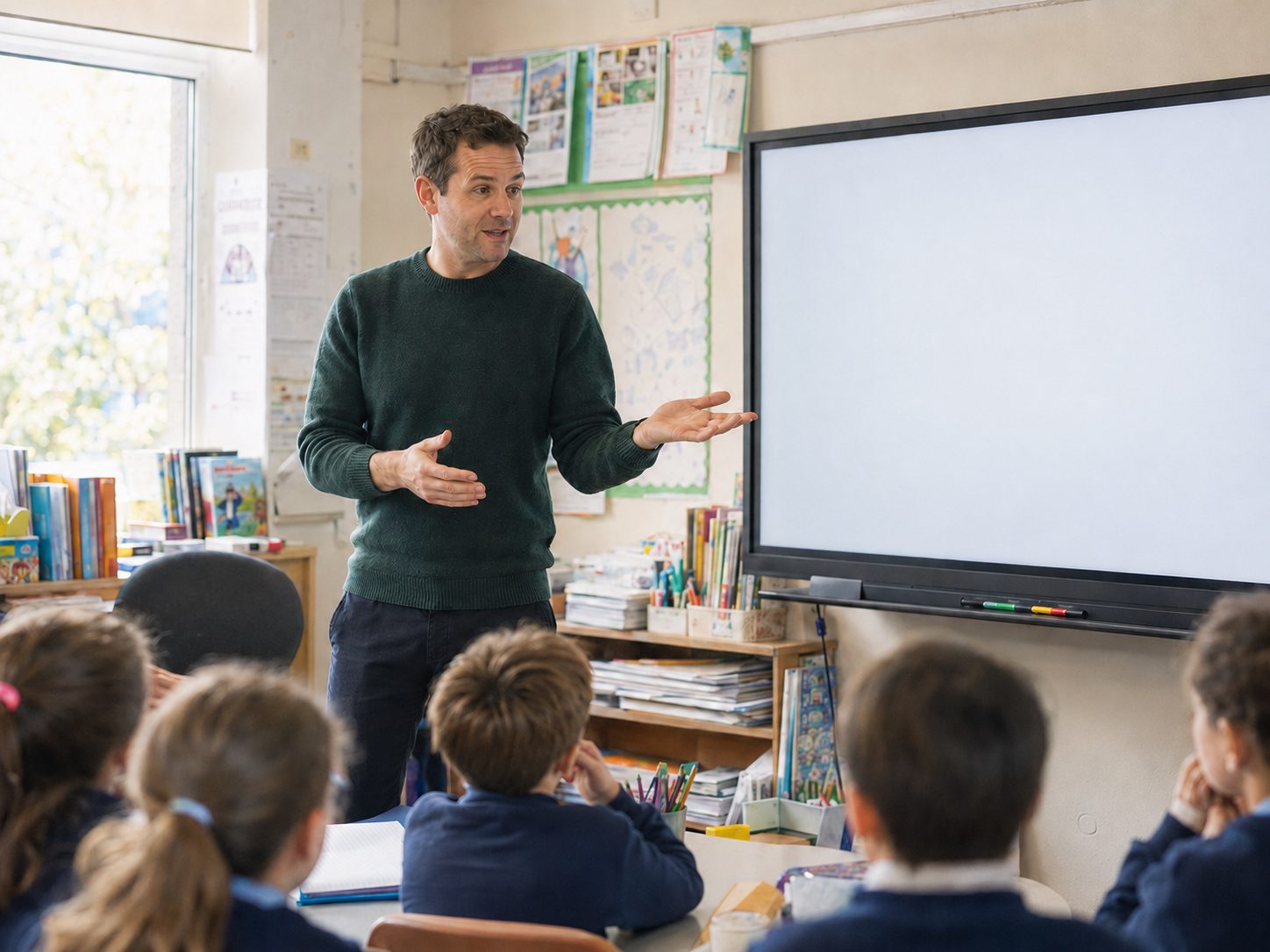 A teacher leading a lesson with a primary class