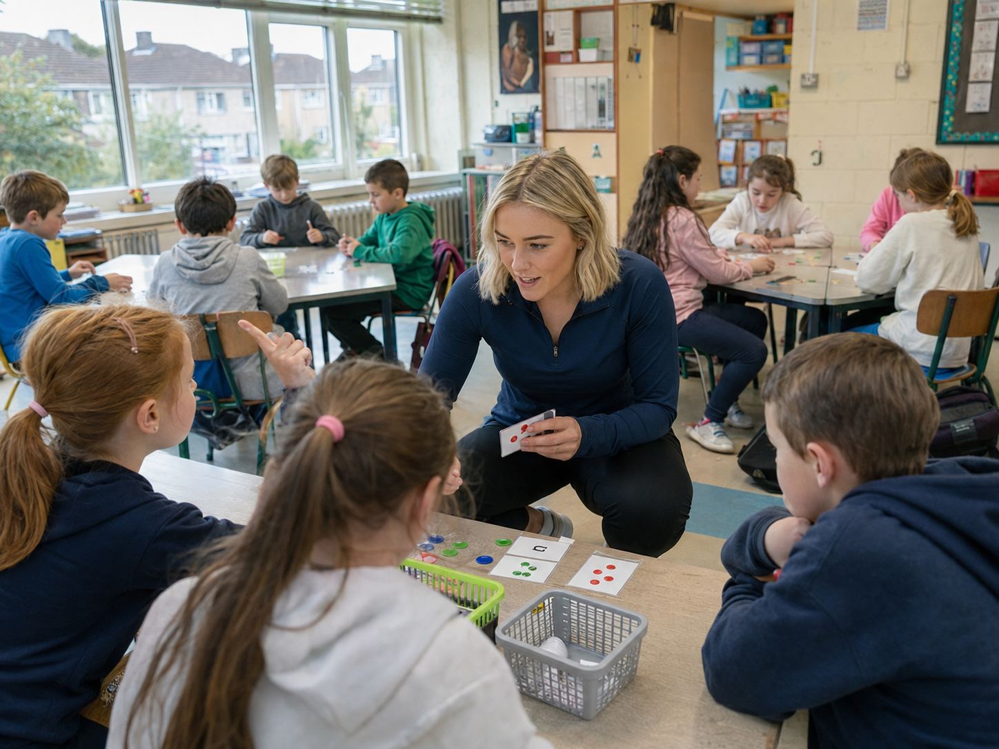 A teacher working with a group of children on a hands-on activity
