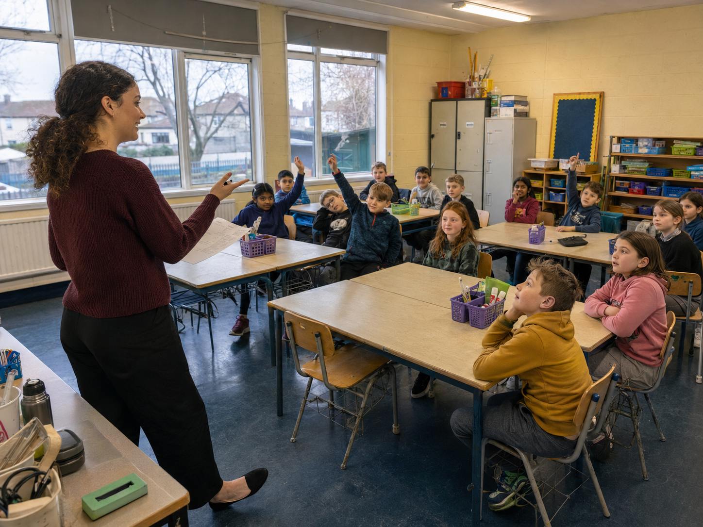 A teacher moving around the room as her class works