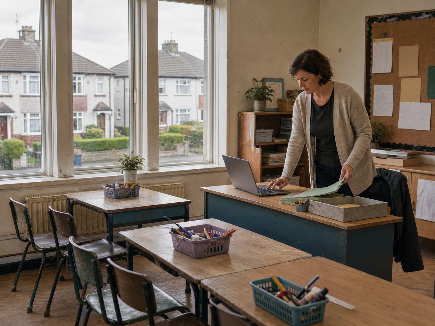 A teacher at her desk considering her planning for the year