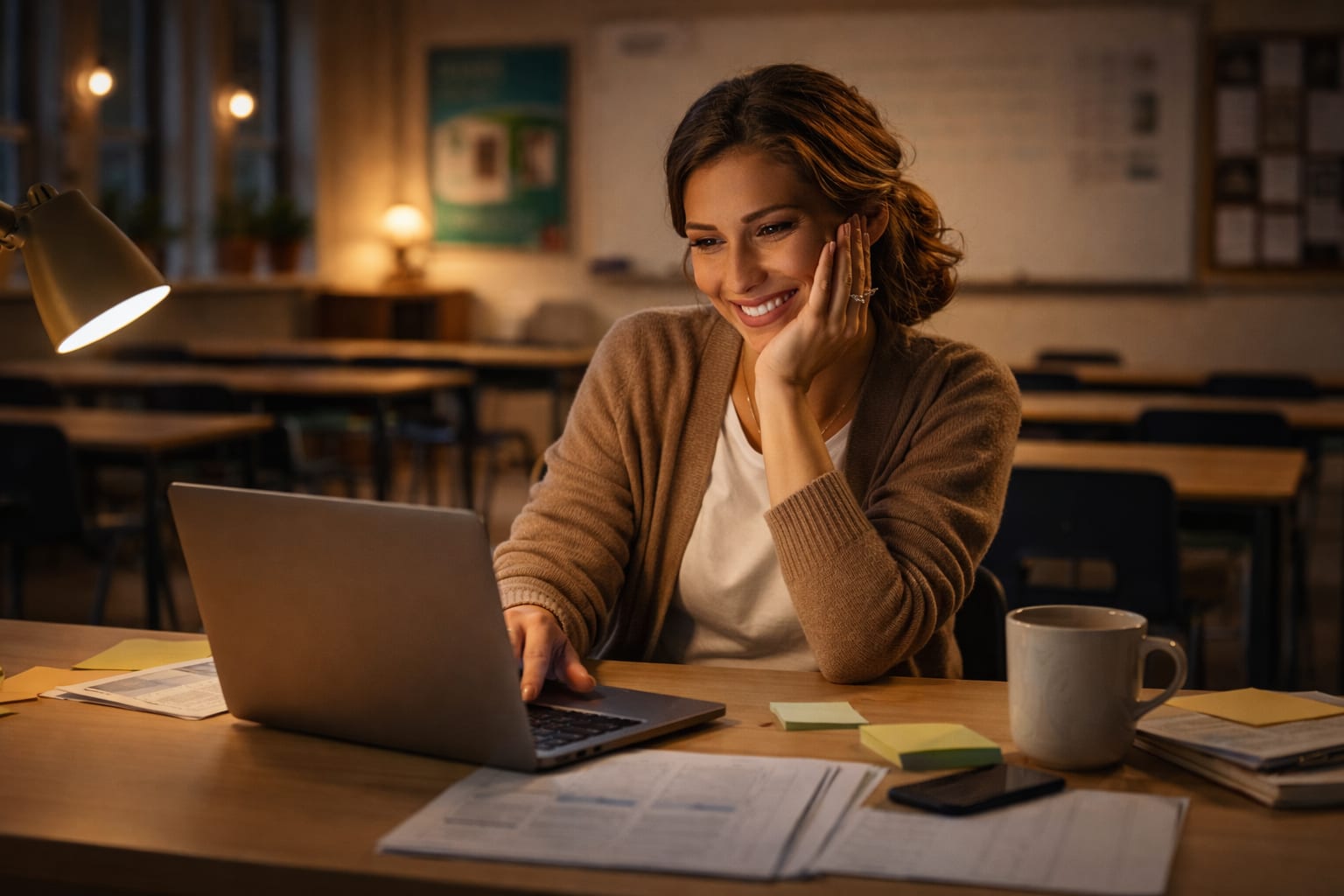 A teacher working at her laptop in a quiet classroom in the evening