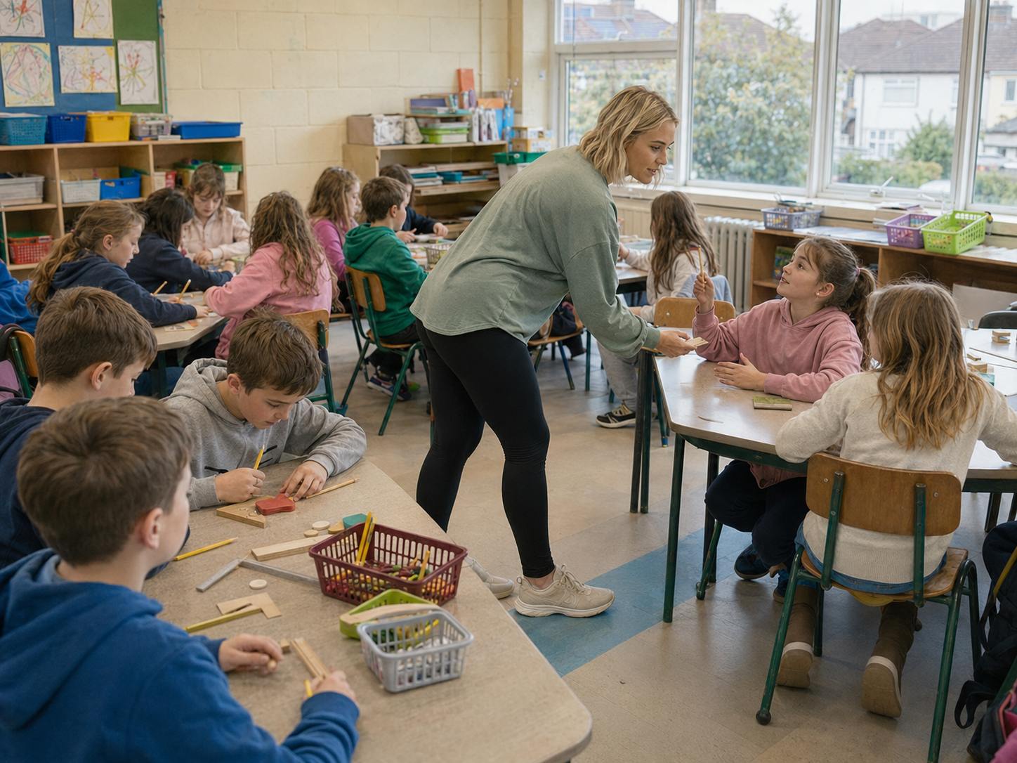 A teacher helping pupils at their tables during a lesson