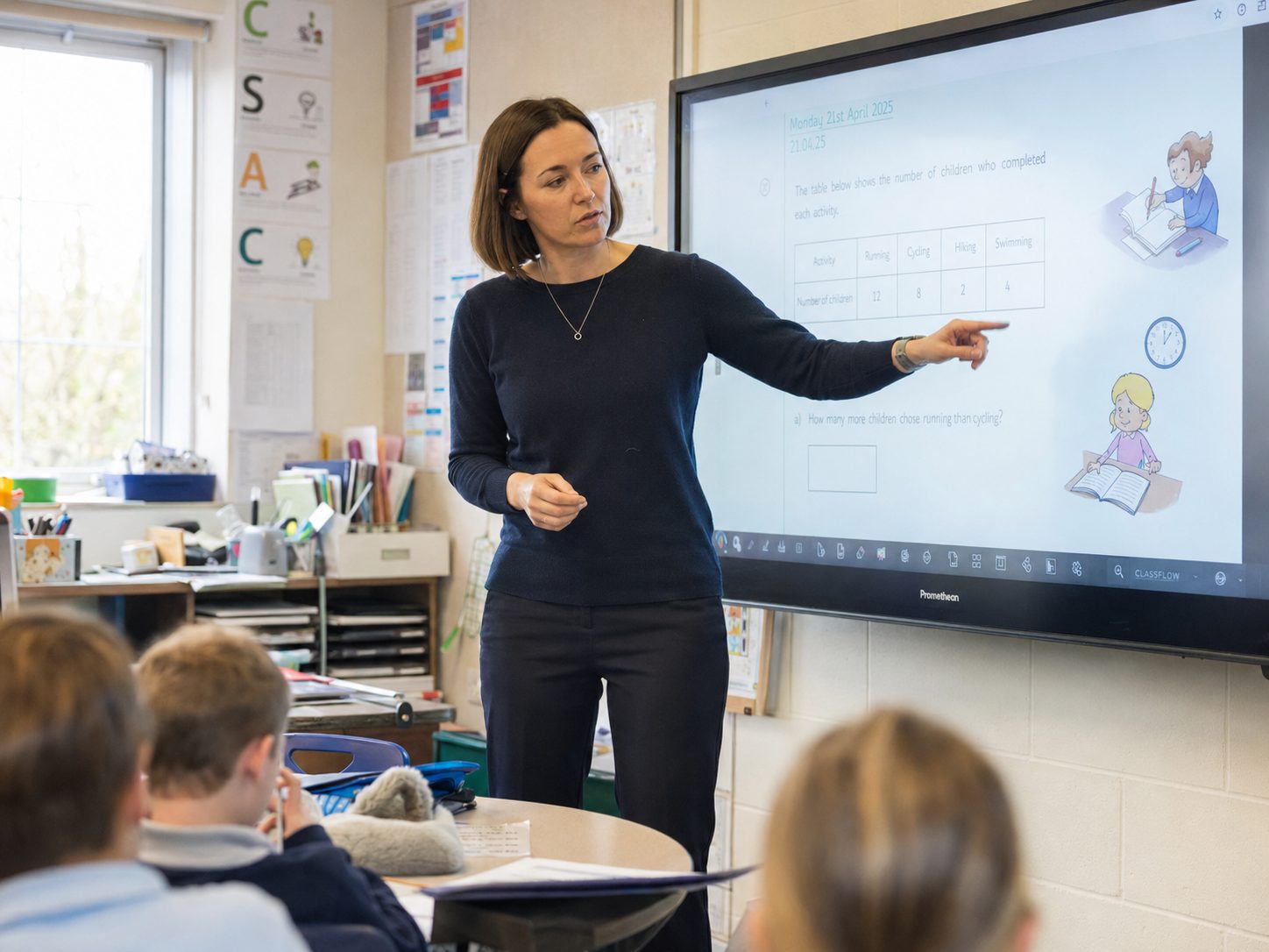 A teacher working through a lesson at the interactive whiteboard
