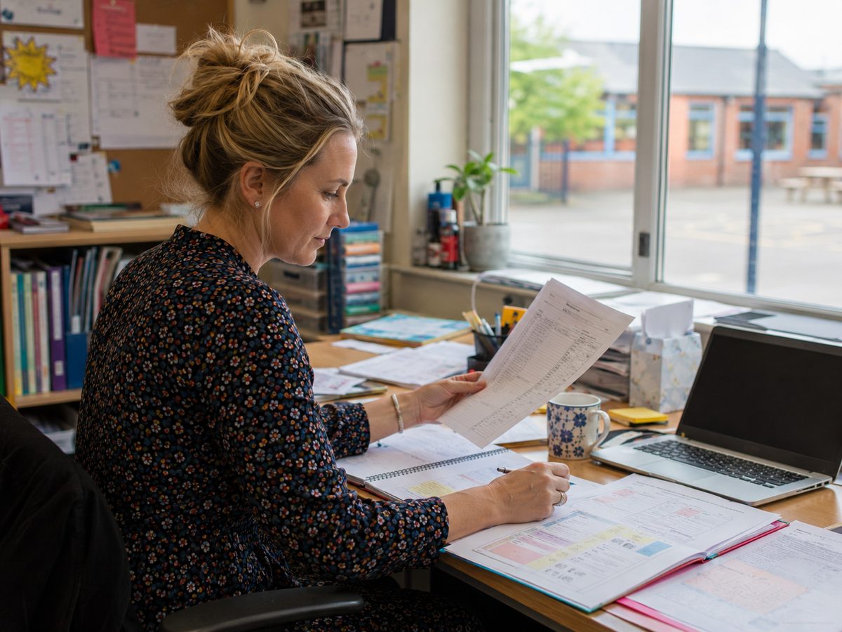 Teacher reviewing her monthly plan at her desk