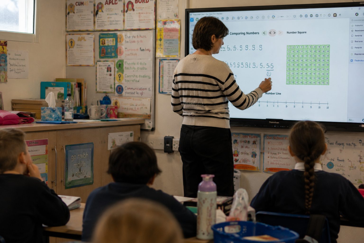 A teacher working at the whiteboard in an Irish multigrade classroom