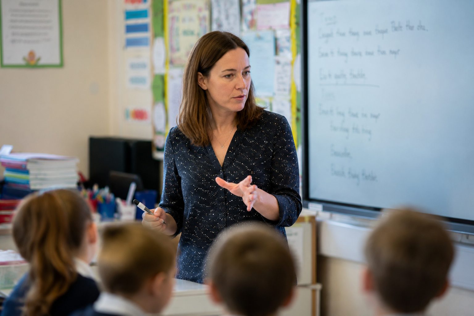 A newly qualified teacher teaching a writing lesson to her class
