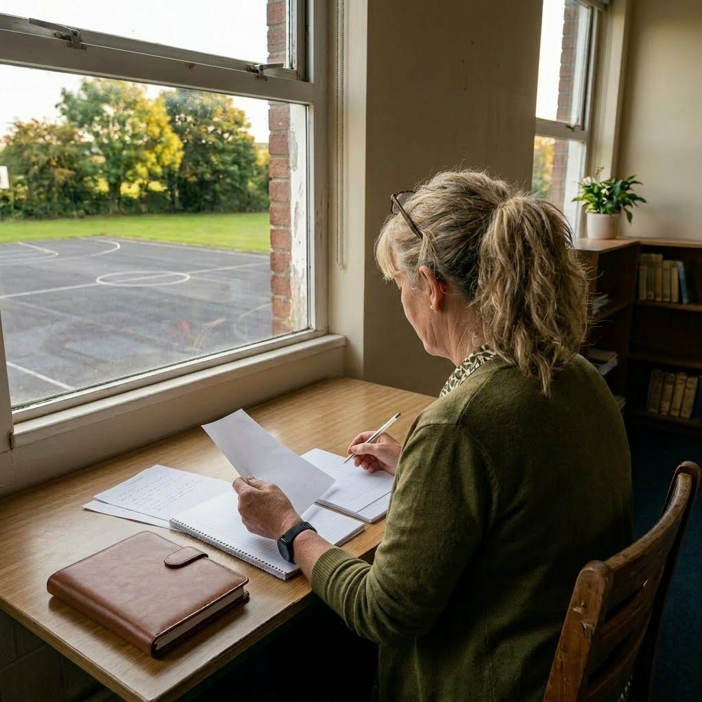 A principal working through planning notes at a desk overlooking the school yard