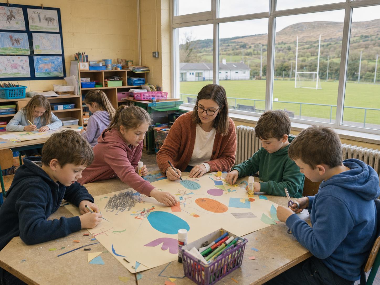 A teacher working with a small group at a classroom table