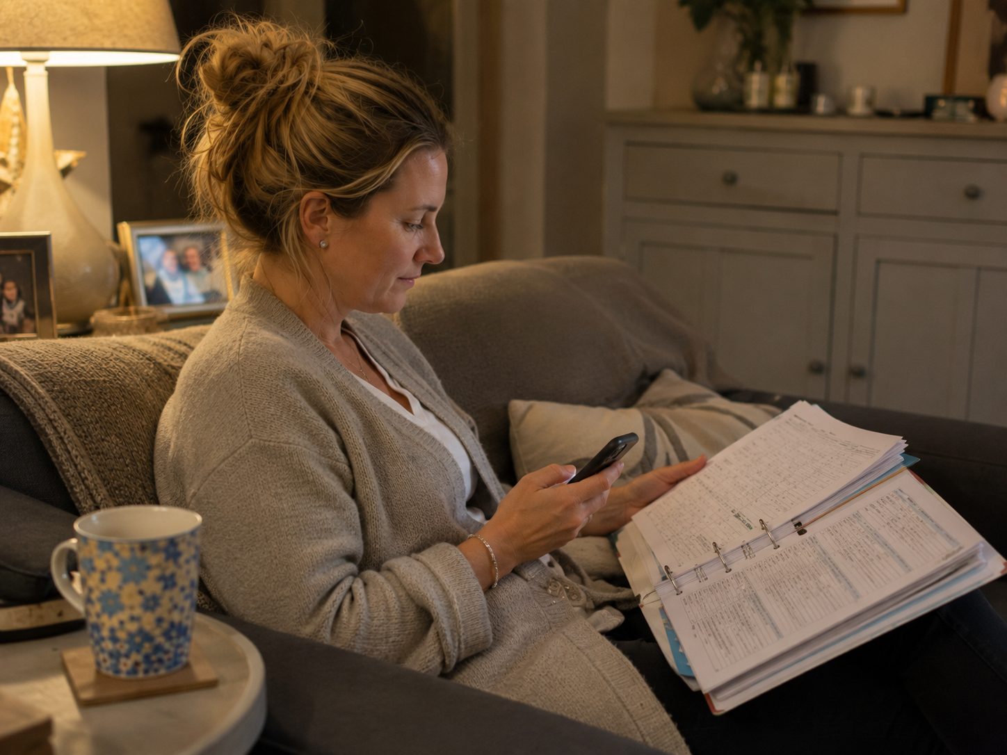 A teacher at home on the sofa, planning folder open on her lap