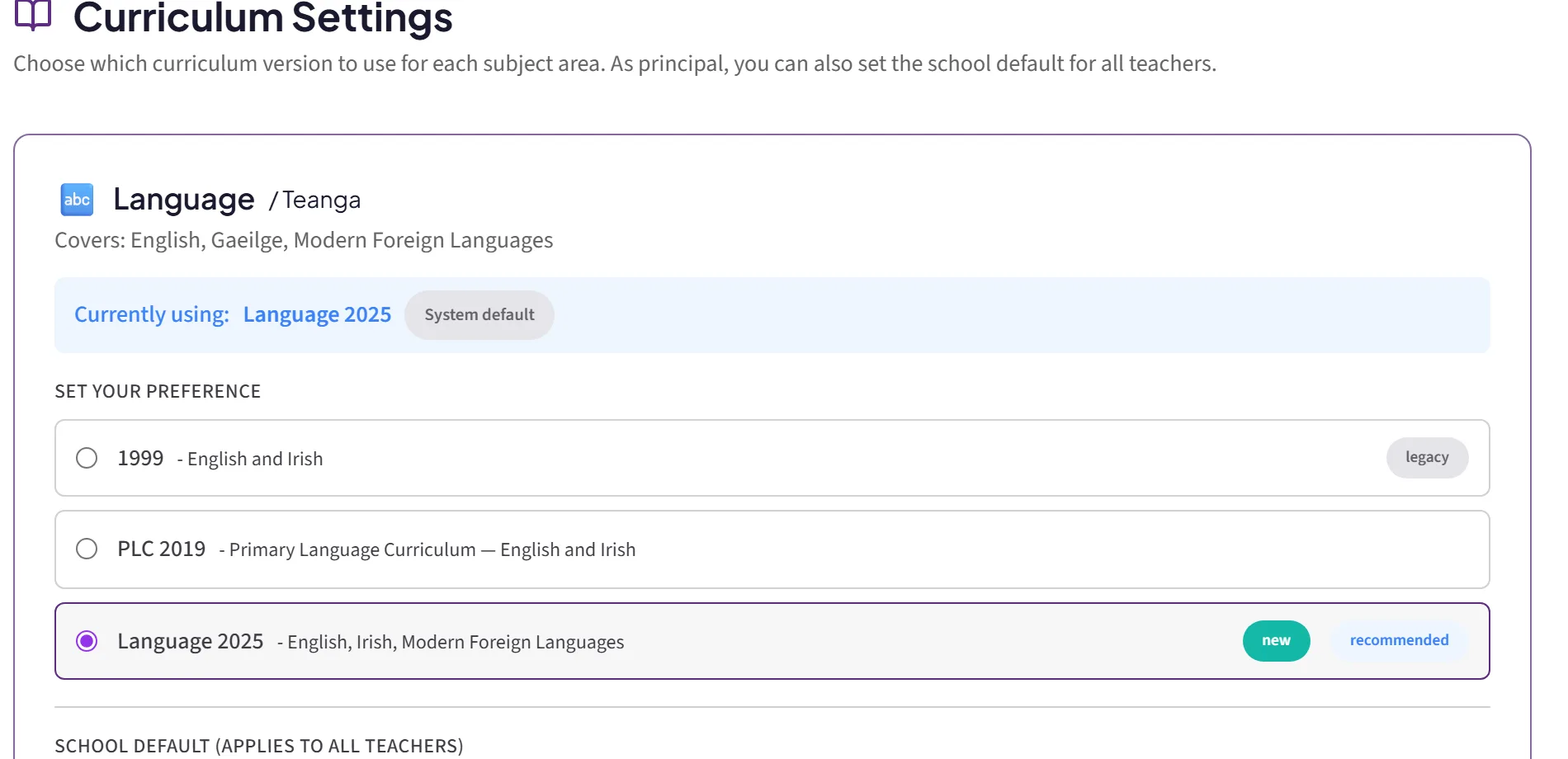 The Curriculum Settings screen in Pleanáil, choosing between the 1999, PLC 2019 and Language 2025 versions for the Language area