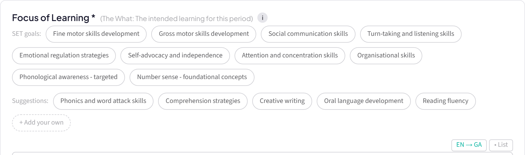 A fortnightly plan section in Pleanáil with tappable suggestion chips for learning experiences at the chosen class level