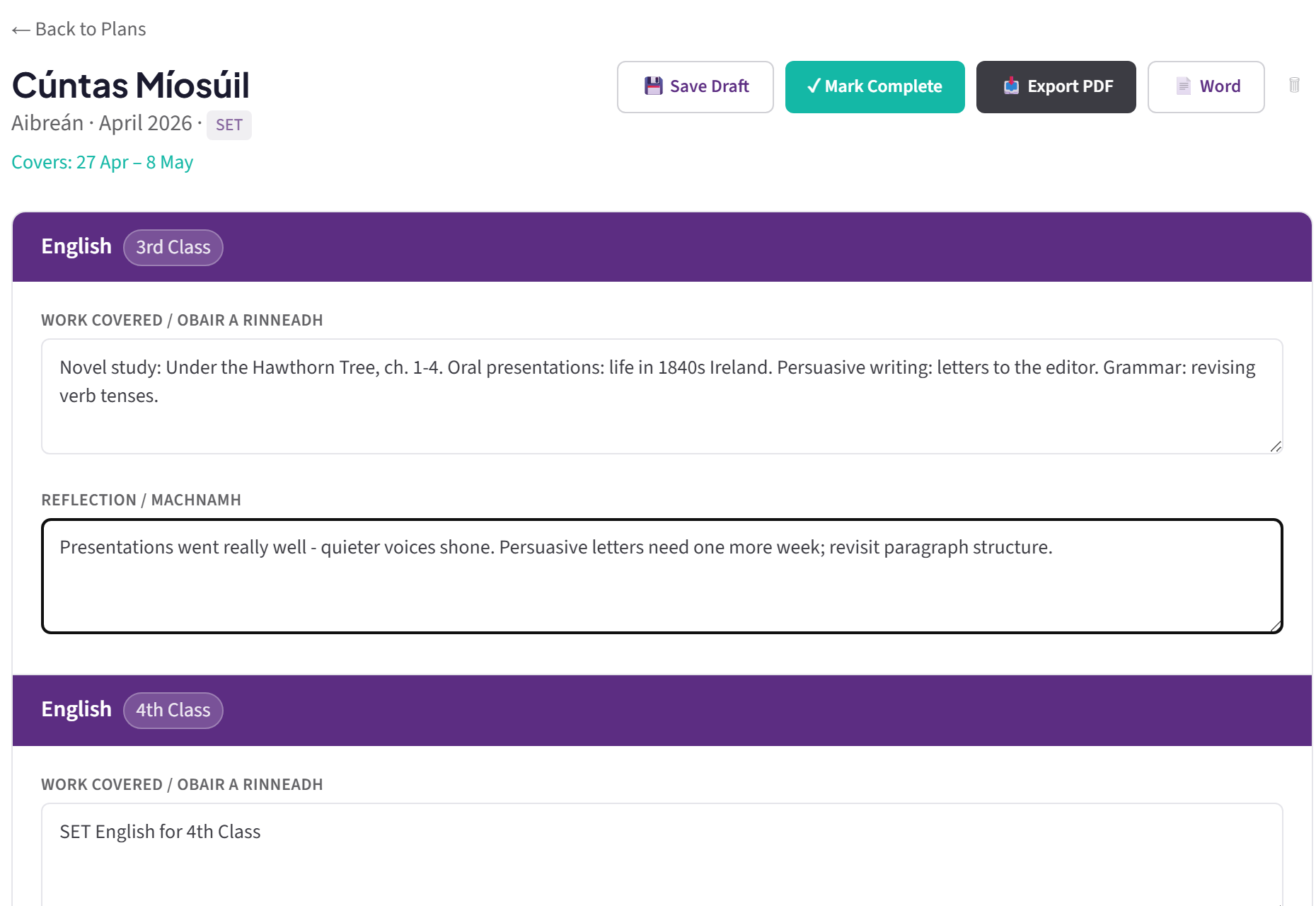 A Cúntas Míosúil in Pleanáil with Work Covered already filled in from fortnightly plans, plus a reflection field and PDF and Word export buttons