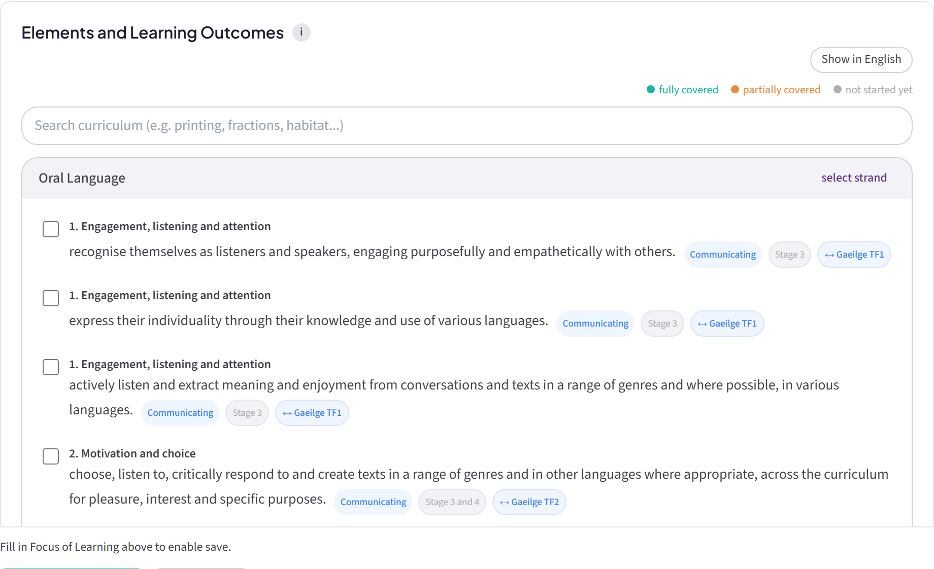 Choosing Learning Outcomes for a subject in Pleanáil, with the outcomes for the selected class level ready to tick