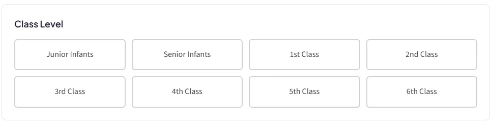 The Pleanáil new-plan screen showing class level buttons from Junior Infants to 6th Class