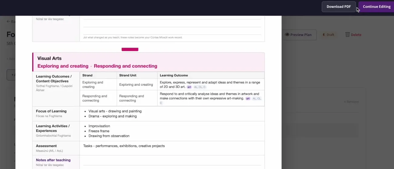 The finished plan preview in Pleanáil with a Download PDF button and the completed subject tables