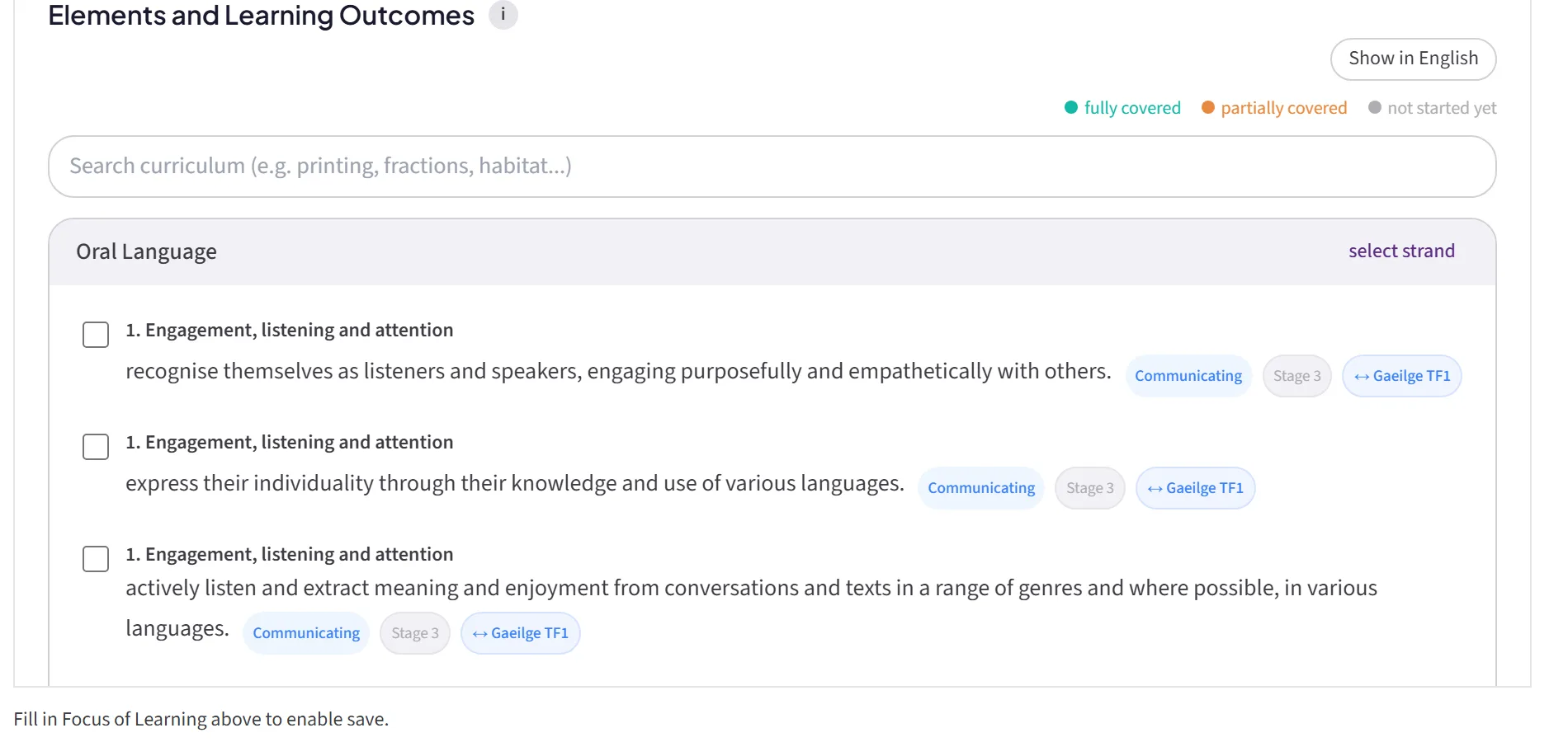 The plan builder showing Elements and Learning Outcomes for English with tick boxes, a curriculum search box, and coverage tracking
