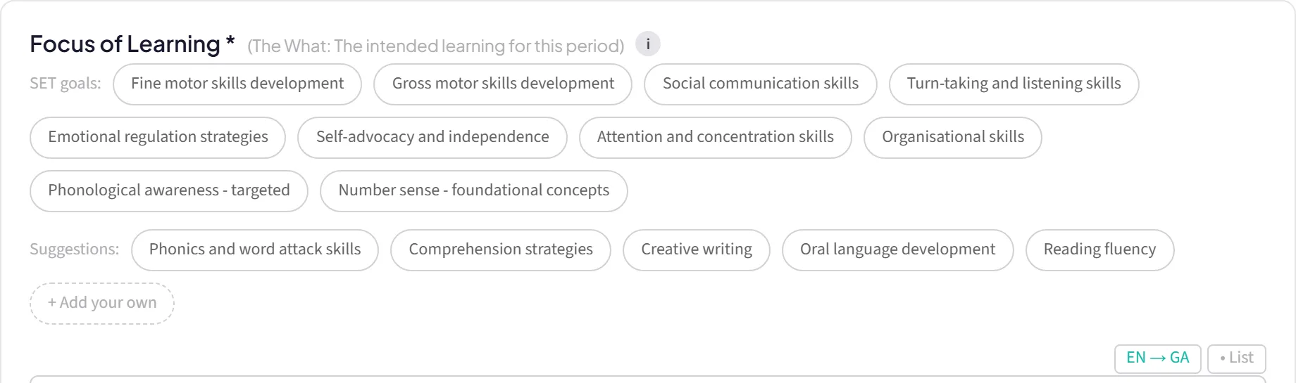Suggestion chips in the plan builder for Focus of Learning, with an add-your-own option
