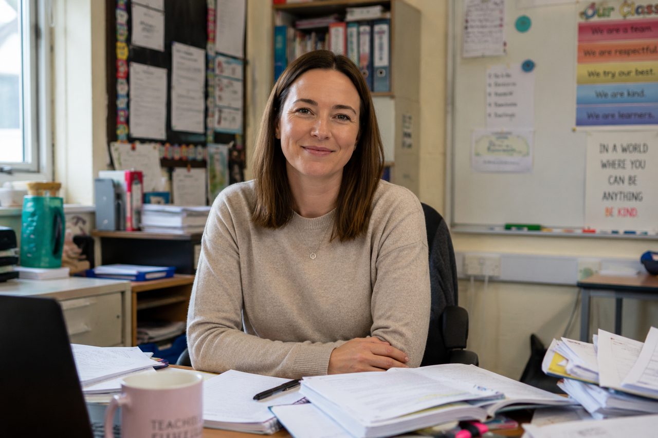 An Irish primary teacher smiling at her classroom desk